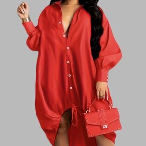 🛑BOGO 🆕Chic Collared Button-Down Drawstring Hem Shirt Dress